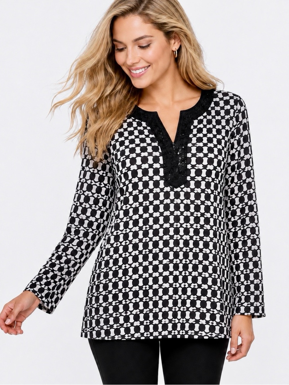 JM Collection Black White Chain Link Sequin V-Neck Tunic Top Size S